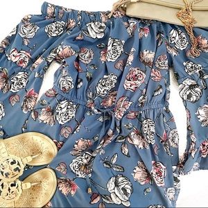 Hint of Blush Off Shoulder Blue Floral Dress
